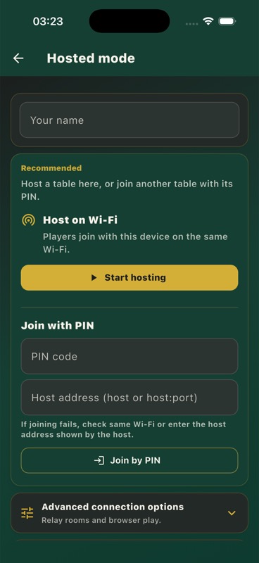 Hosted mode screen with Wi-Fi hosting and PIN join options.