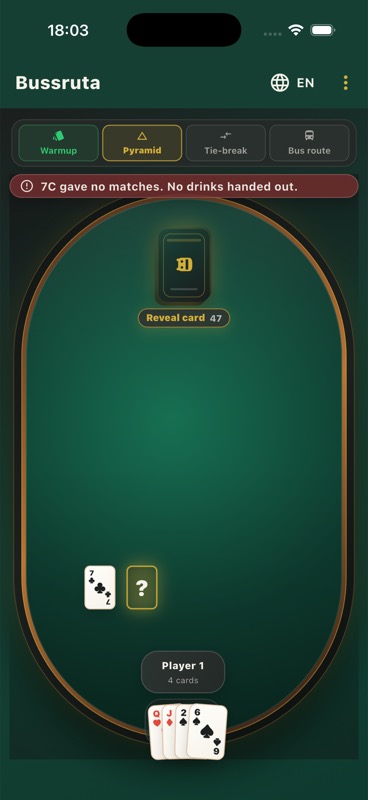Bussruta pyramid table with cards and player hand.
